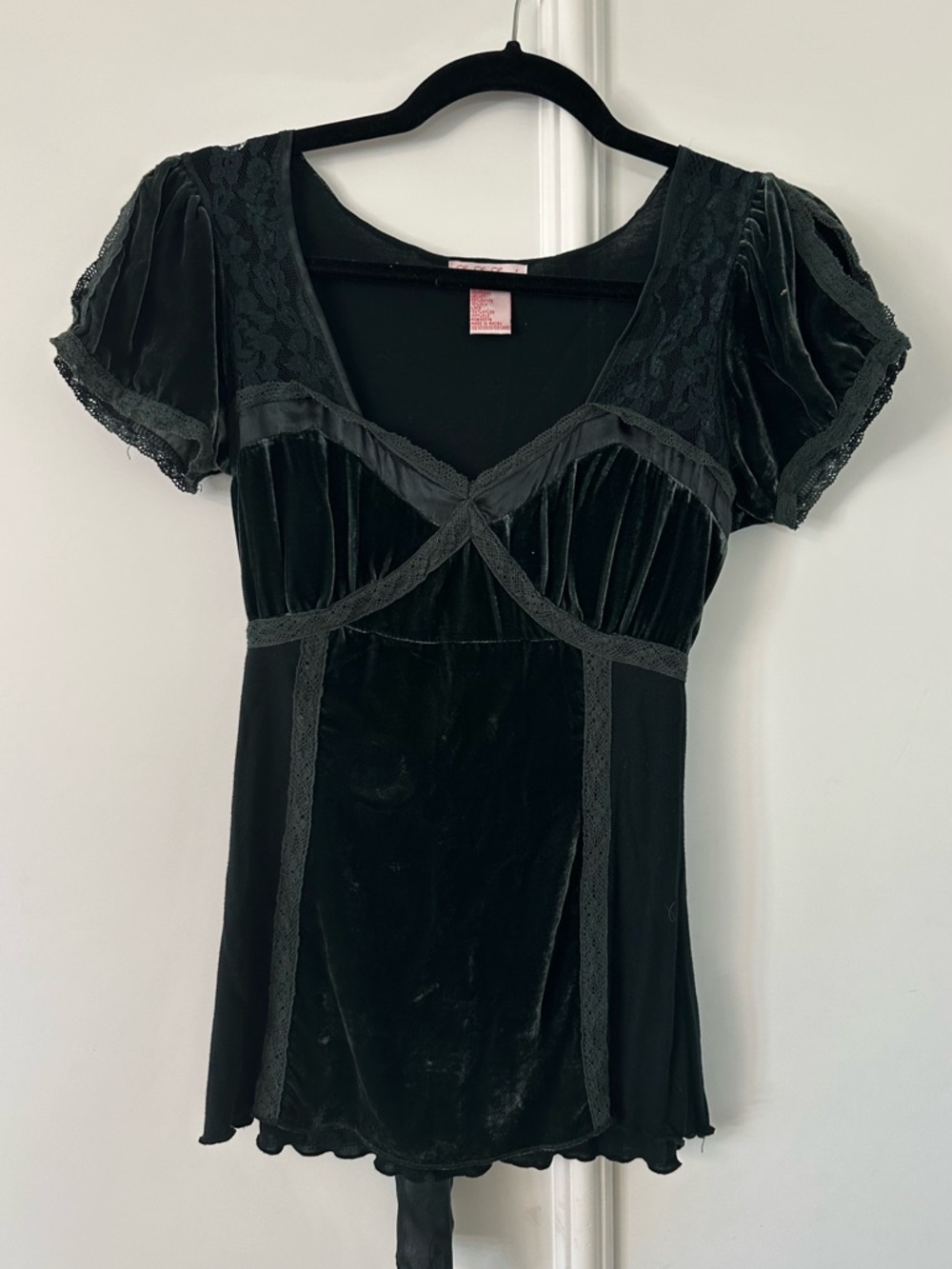 Anthropologie Green Velvet Lace-Trim Babydoll Top